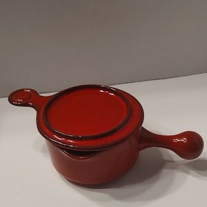 Red Ceramic Saucepan/Fondue Pot with Lid, Light Crackle Finish